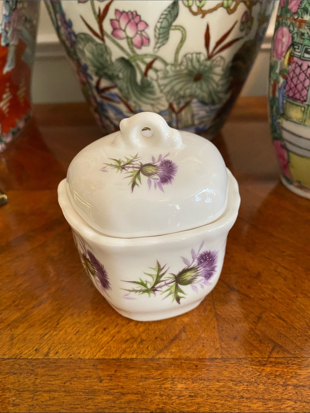 Rare Luckenbooth Bone China Thistle Lidded Jar - White and Purple